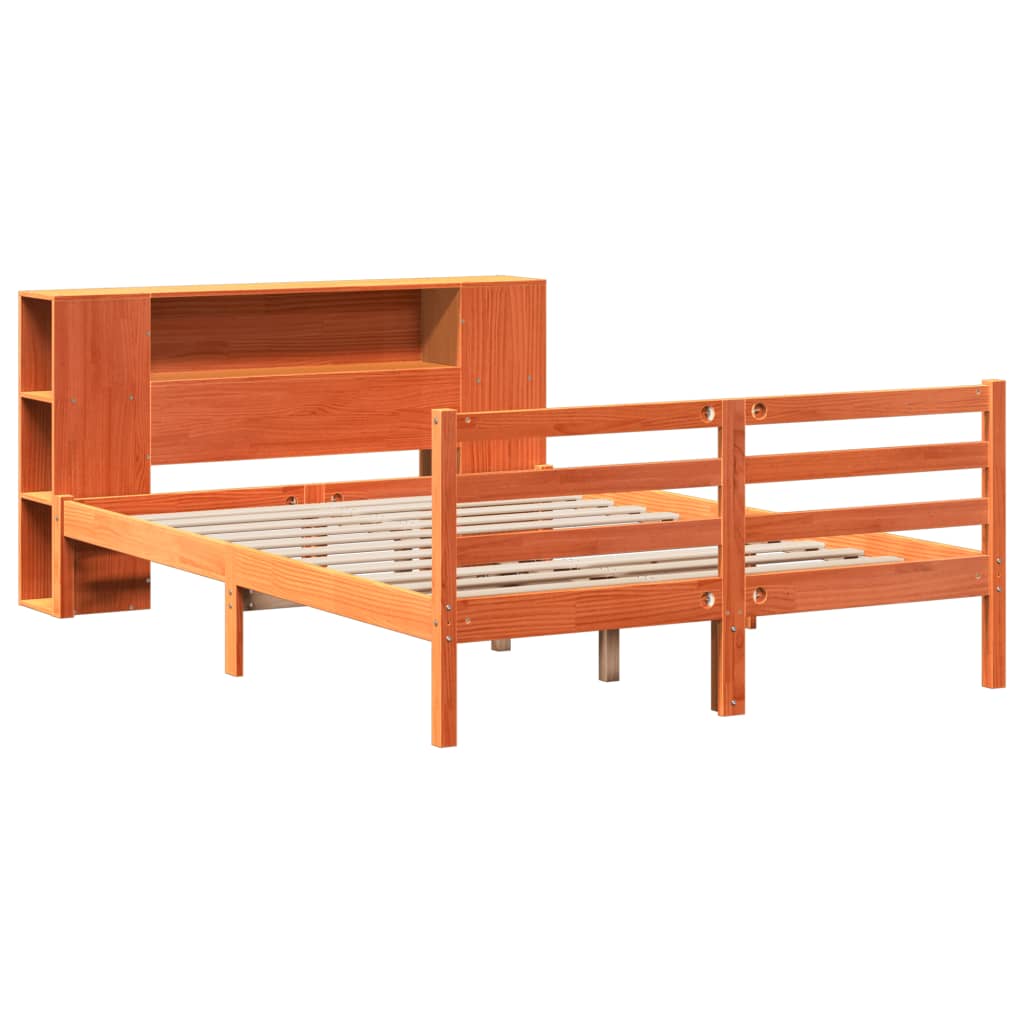 Bed met boekenkast zonder matras grenenhout wasbruin 140x190 cm