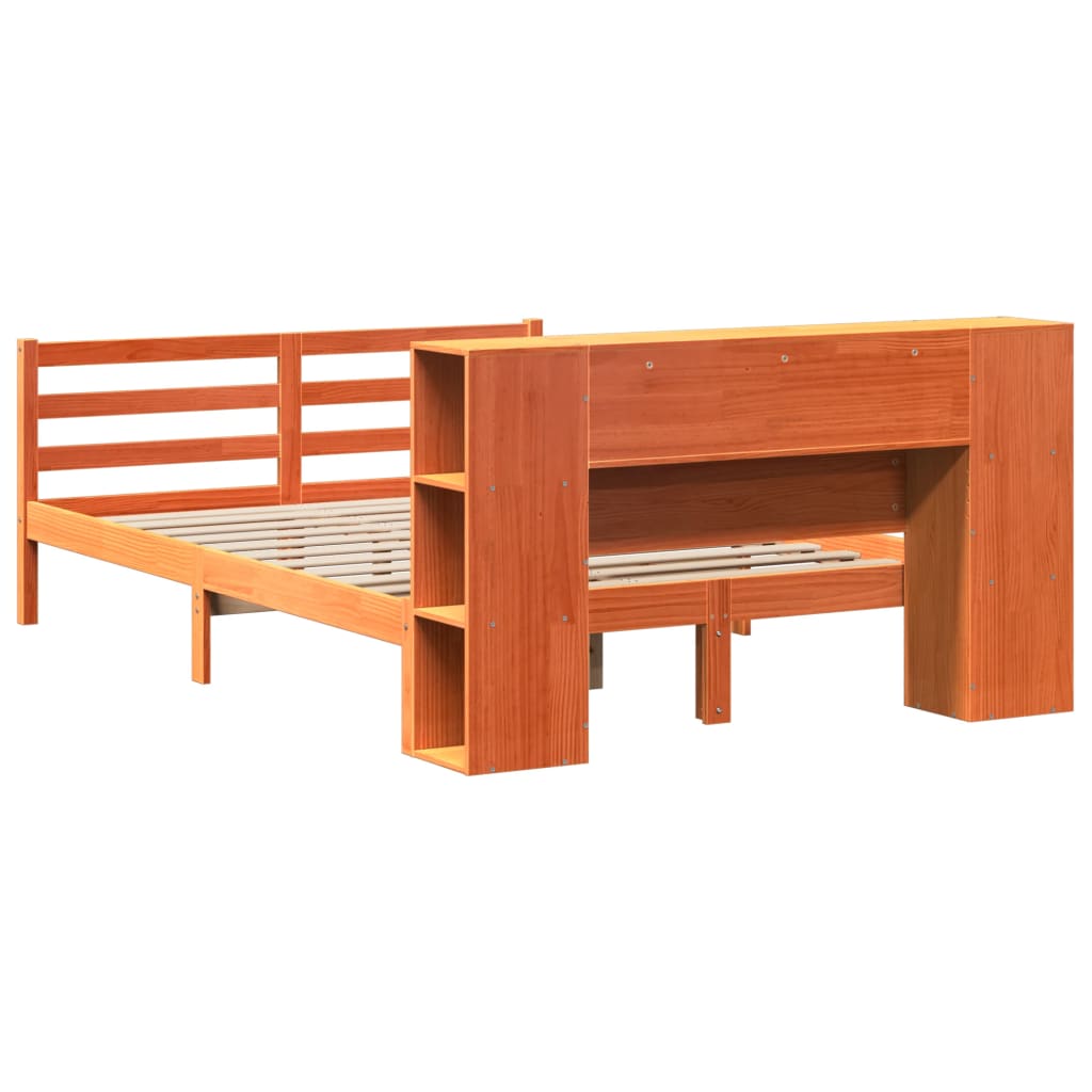 Bed met boekenkast zonder matras grenenhout wasbruin 140x190 cm