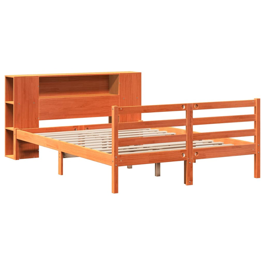 Bed met boekenkast zonder matras grenenhout wasbruin 140x200 cm