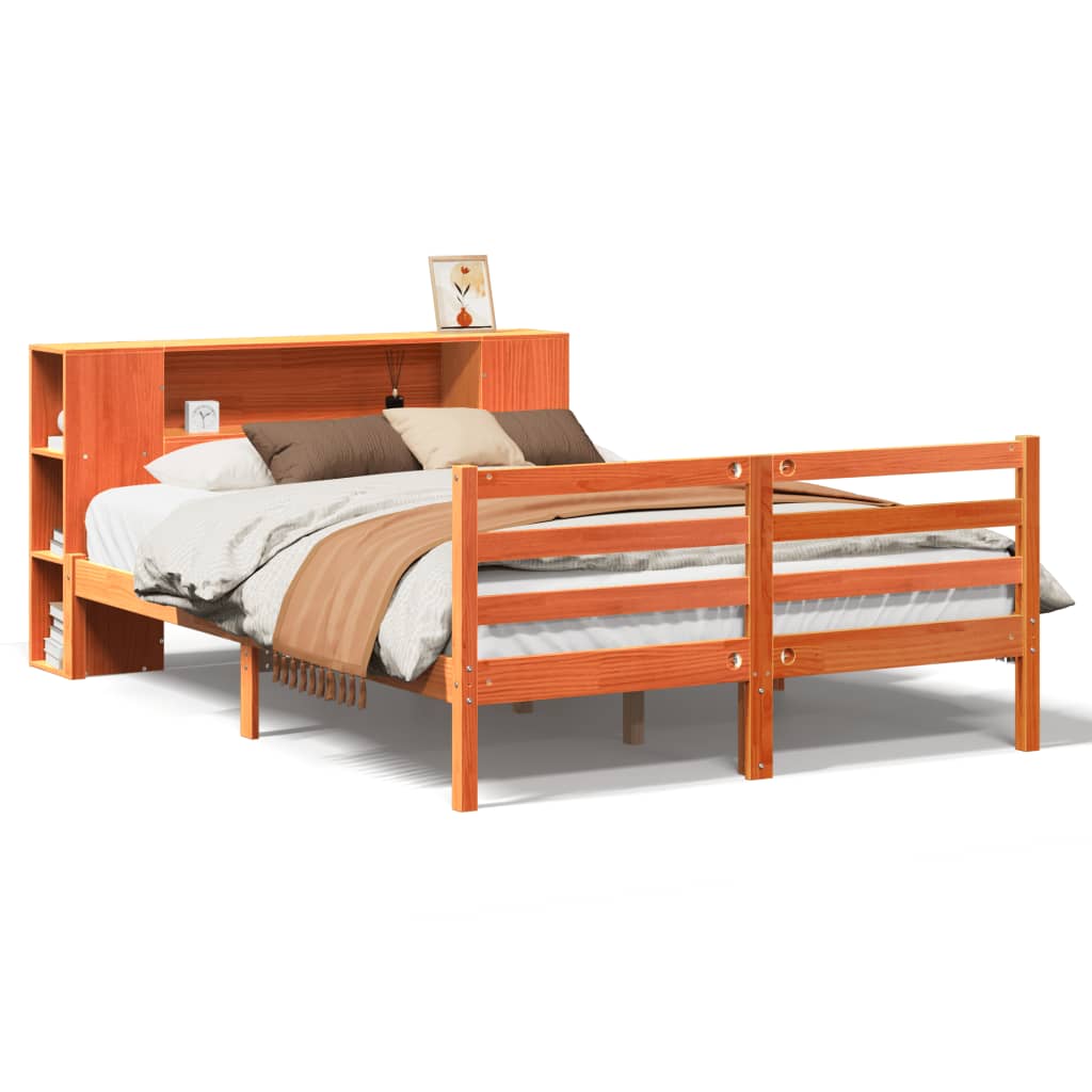 Bed met boekenkast zonder matras grenenhout wasbruin 150x200 cm