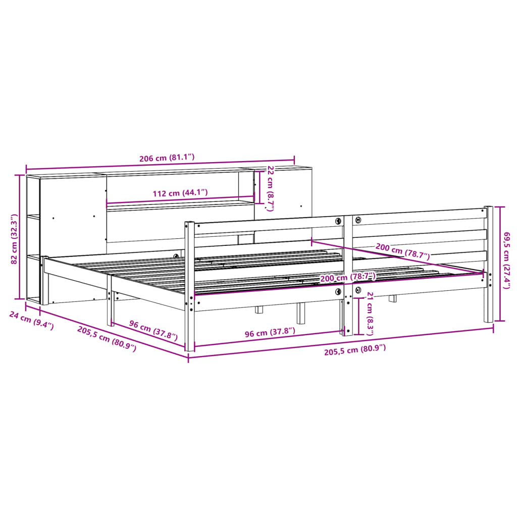 Bed met boekenkast zonder matras grenenhout wasbruin 200x200 cm