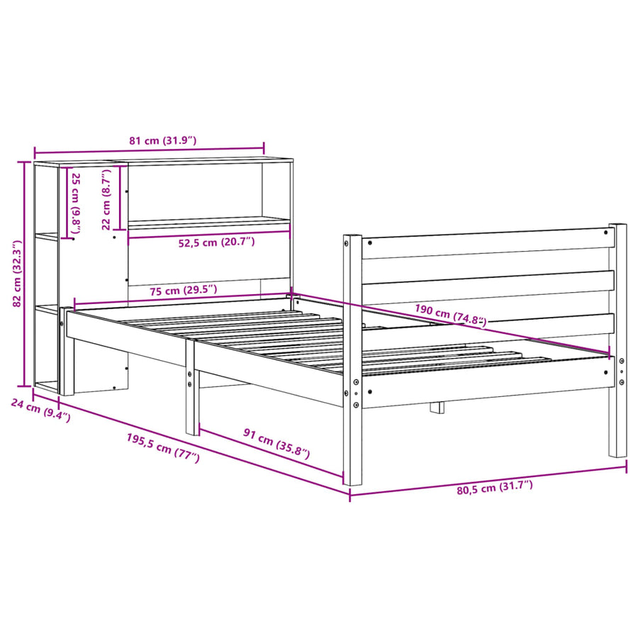 Bed met boekenkast zonder matras massief grenenhout 75x190 cm