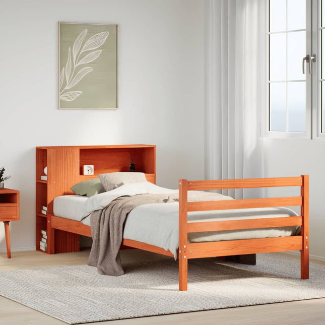 Bed met boekenkast zonder matras massief hout wasbruin 75x190cm