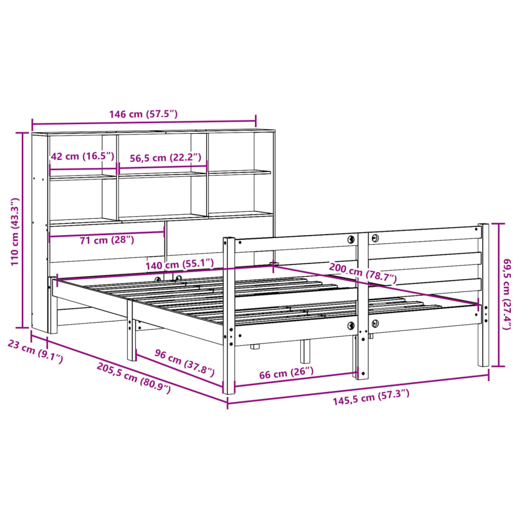 Bed met boekenkast zonder matras massief grenenhout 140x200 cm
