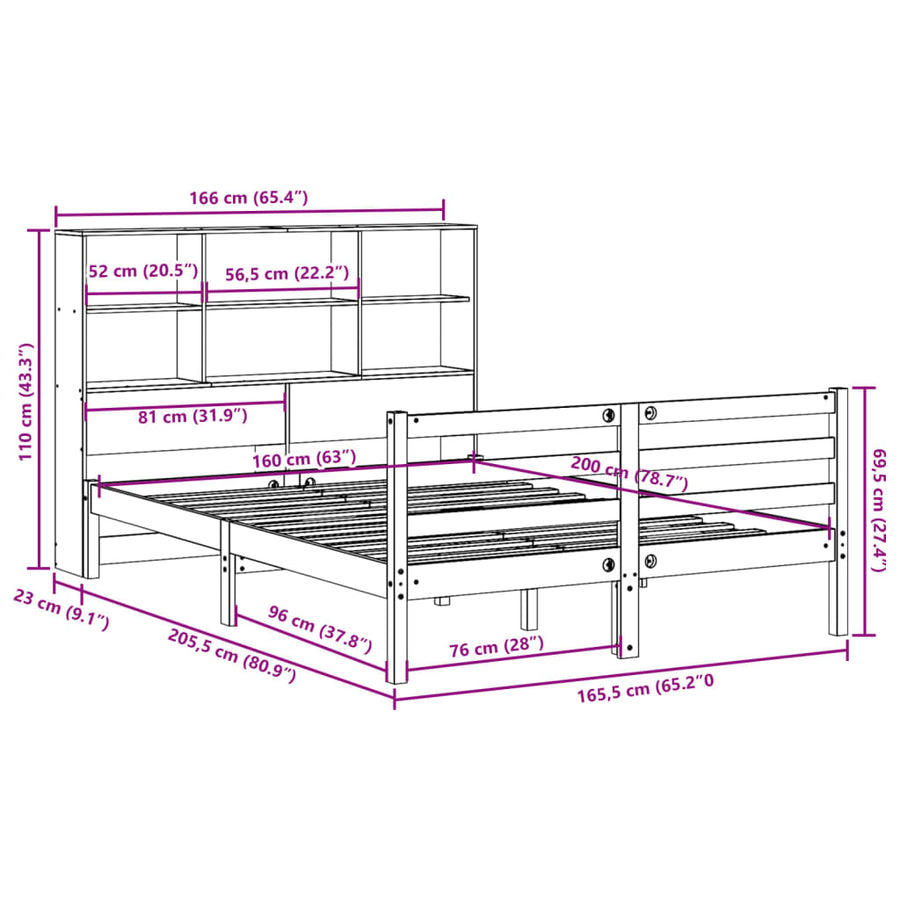 Bed met boekenkast zonder matras grenenhout wit 160x200 cm