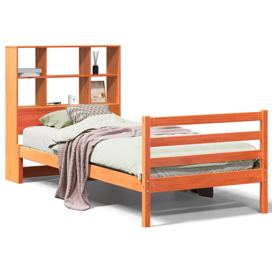 Bed met boekenkast zonder matras massief hout wasbruin 75x190cm