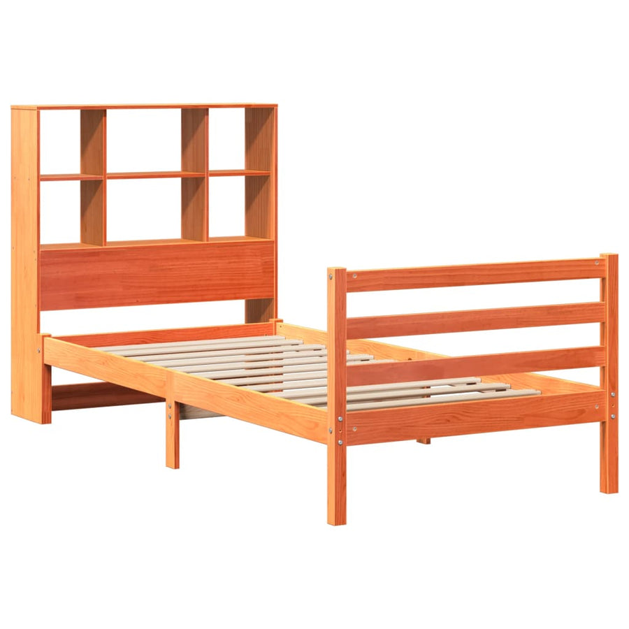Bed met boekenkast zonder matras massief hout wasbruin 75x190cm