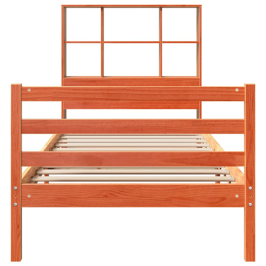 Bed met boekenkast zonder matras massief hout wasbruin 75x190cm