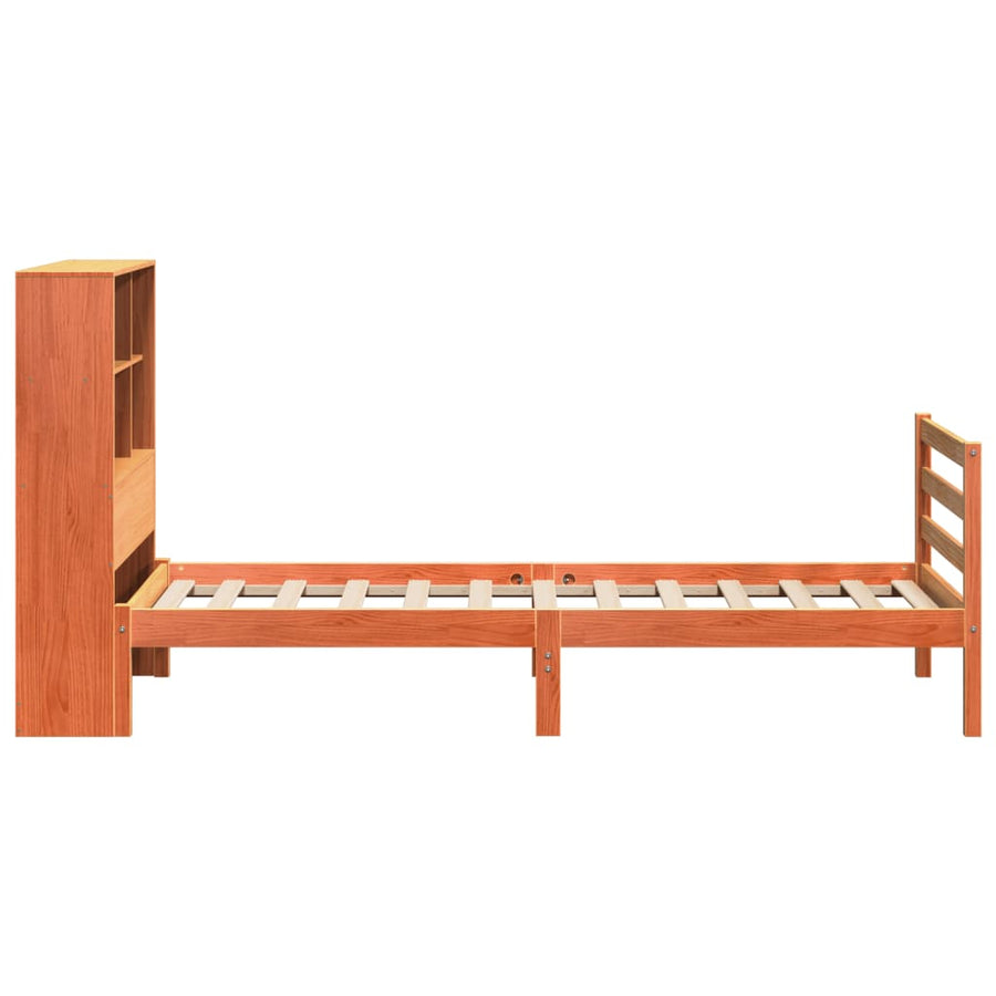Bed met boekenkast zonder matras massief hout wasbruin 75x190cm