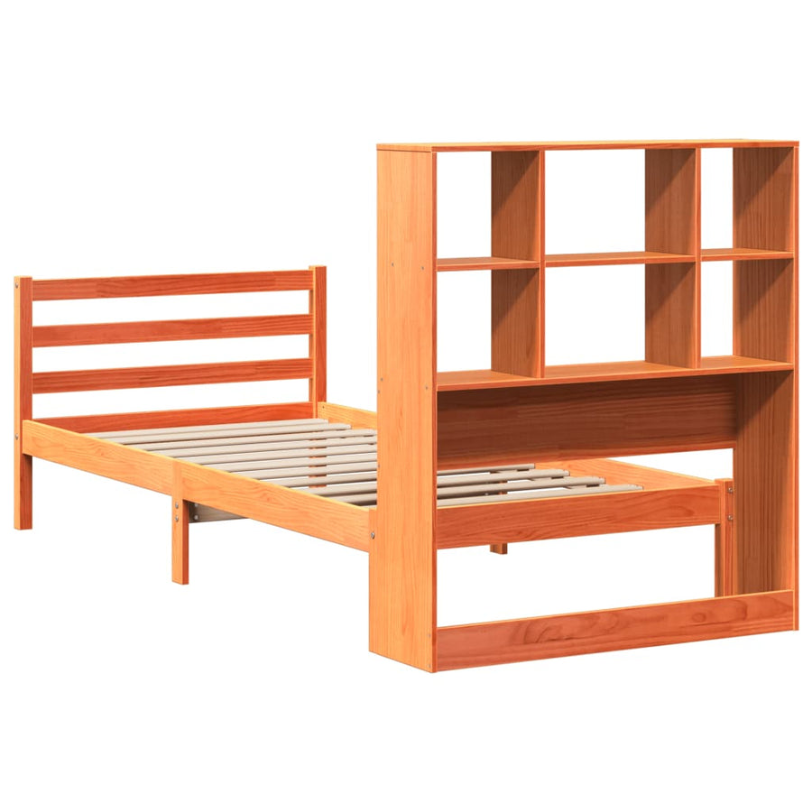 Bed met boekenkast zonder matras massief hout wasbruin 75x190cm