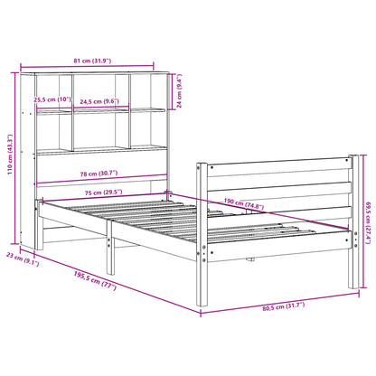 Bed met boekenkast zonder matras massief hout wasbruin 75x190cm