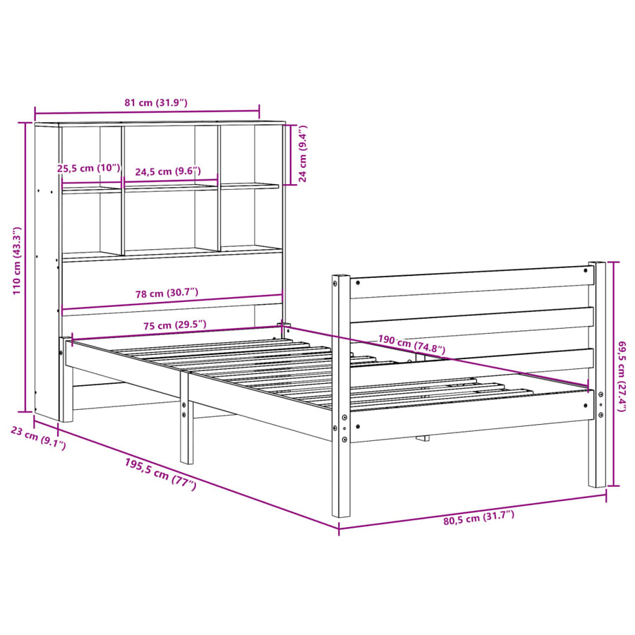 Bed met boekenkast zonder matras massief hout wasbruin 75x190cm