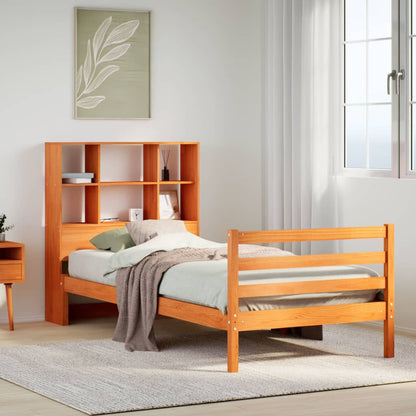 Bed met boekenkast zonder matras massief hout wasbruin 75x190cm