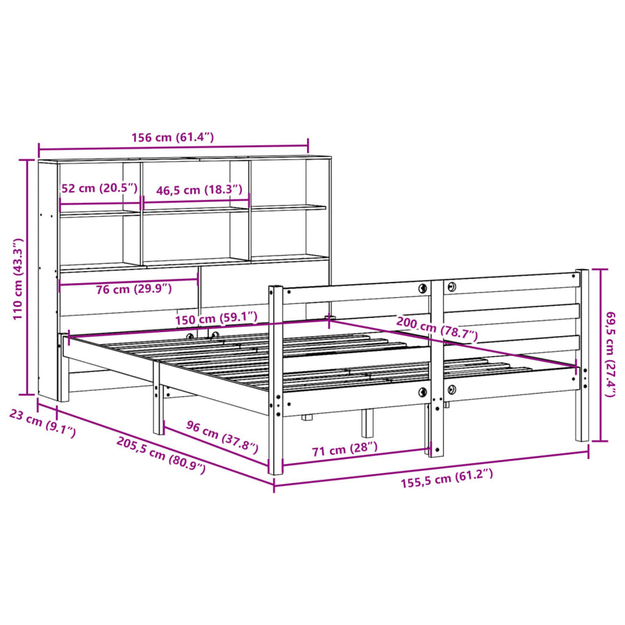 Bed met boekenkast zonder matras hout wasbruin 150x200 cm