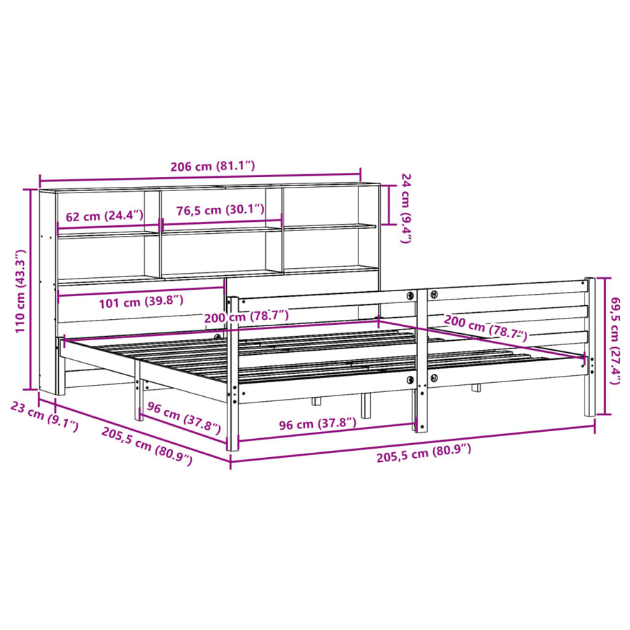 Bed met boekenkast zonder matras hout wasbruin 200x200 cm