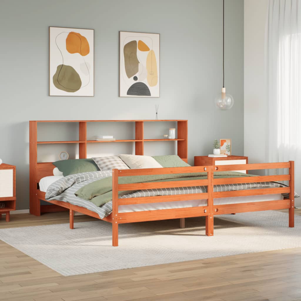 Bed met boekenkast zonder matras hout wasbruin 200x200 cm