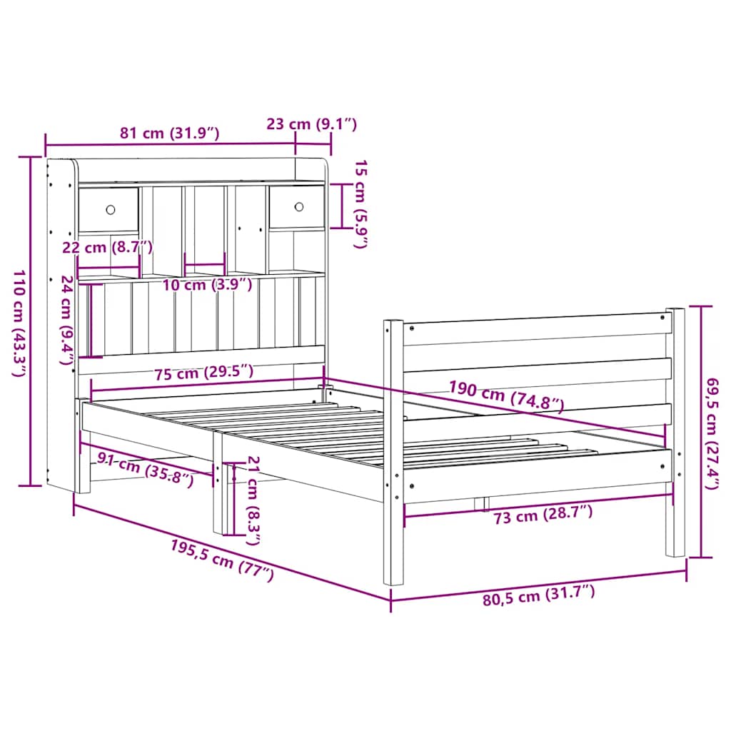 Bed met boekenkast zonder matras massief grenenhout 75x190 cm
