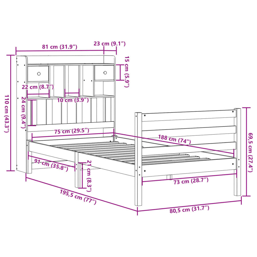 Bed met boekenkast zonder matras grenenhout wit 75x190 cm