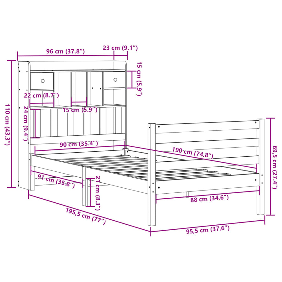 Bed met boekenkast zonder matras grenenhout wit 90x190 cm