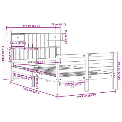 Bed met boekenkast zonder matras grenenhout wit 135x190 cm