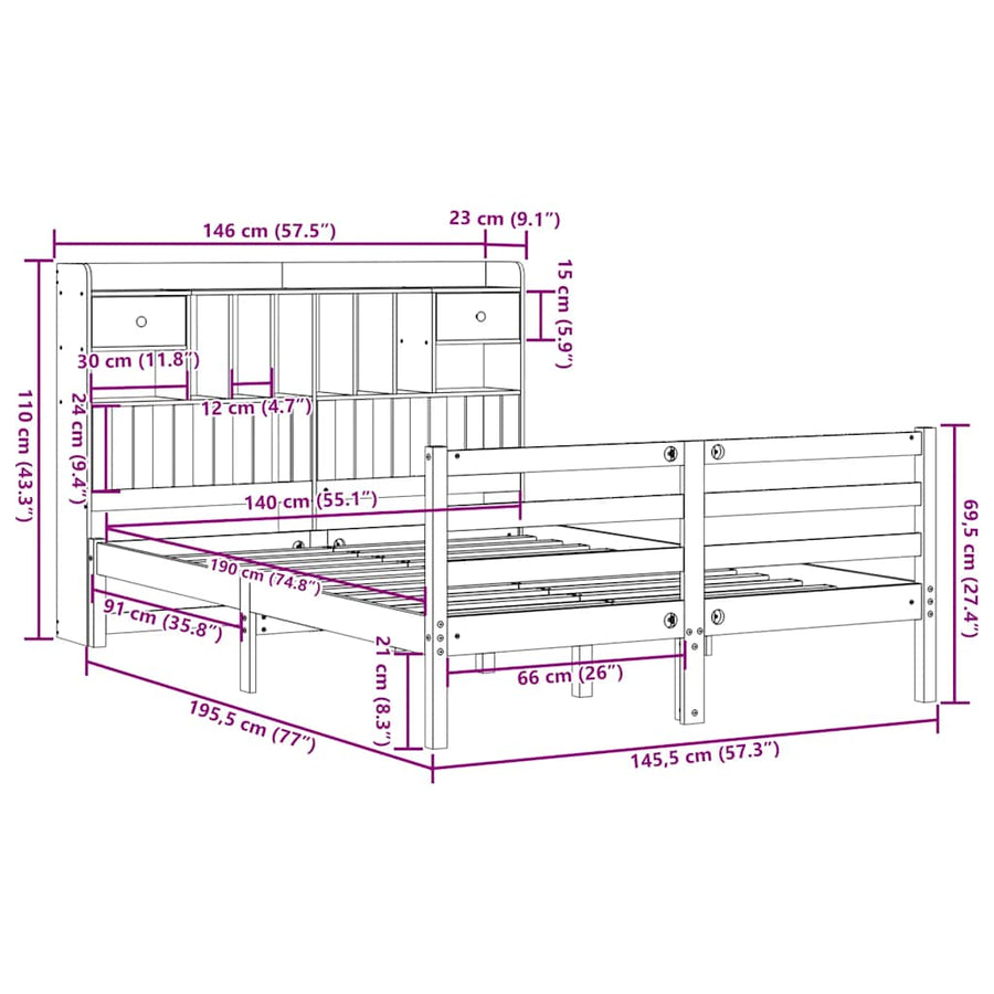 Bed met boekenkast zonder matras grenenhout wit 140x190 cm