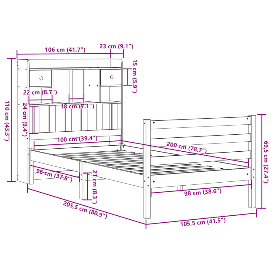 Bed met boekenkast zonder matras massief grenenhout 100x200 cm