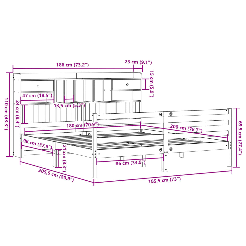 Bed met boekenkast zonder matras massief grenenhout 180x200 cm