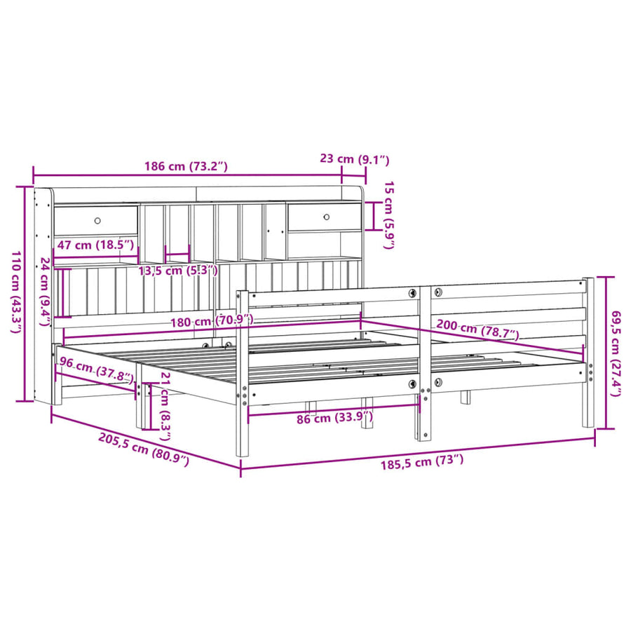 Bed met boekenkast zonder matras massief grenenhout 180x200 cm