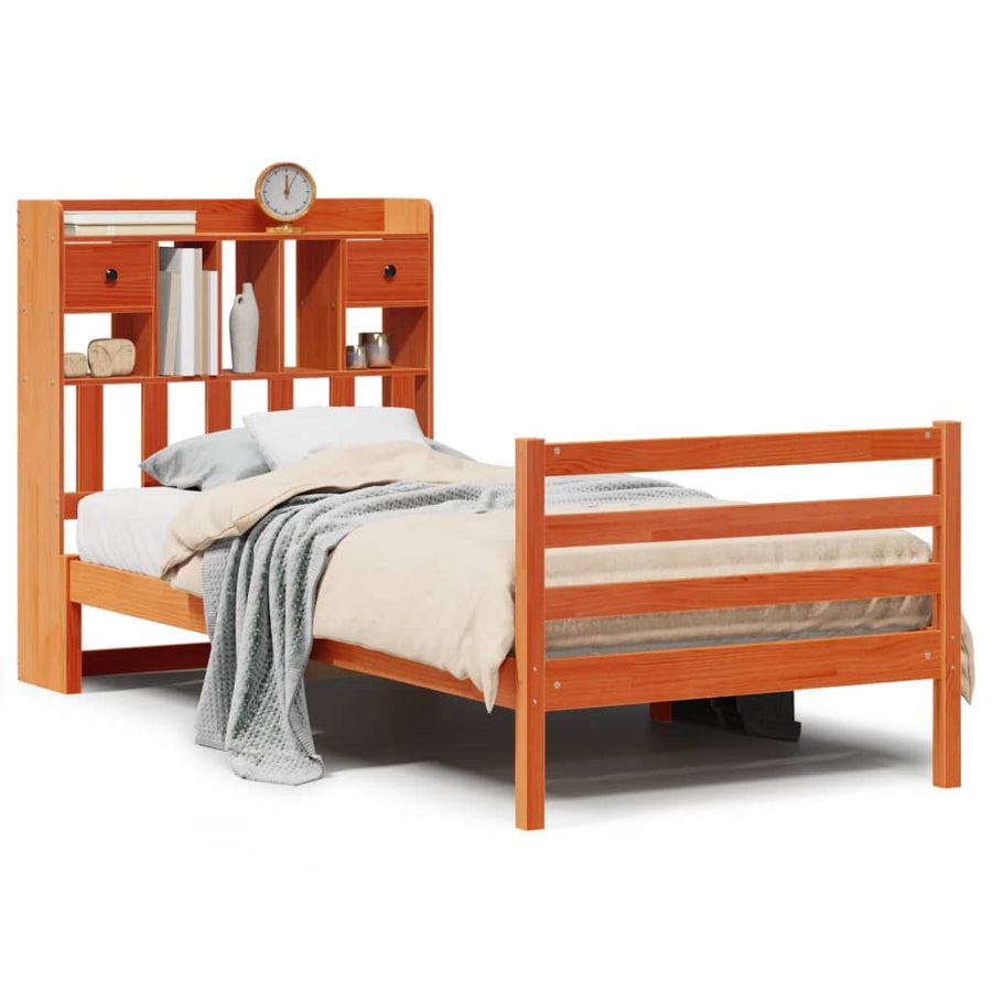 Bed met boekenkast zonder matras grenenhout wasbruin 75x190 cm