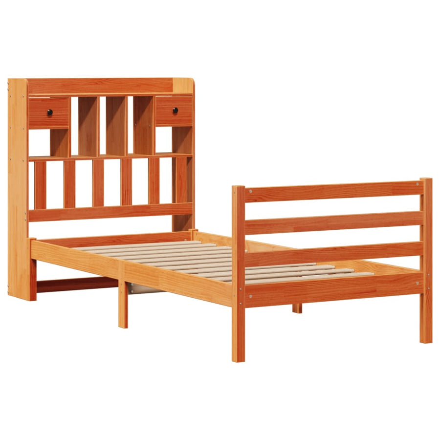 Bed met boekenkast zonder matras grenenhout wasbruin 75x190 cm