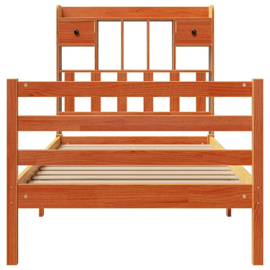 Bed met boekenkast zonder matras grenenhout wasbruin 75x190 cm