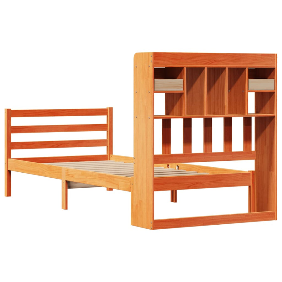 Bed met boekenkast zonder matras grenenhout wasbruin 75x190 cm