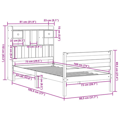 Bed met boekenkast zonder matras grenenhout wasbruin 75x190 cm