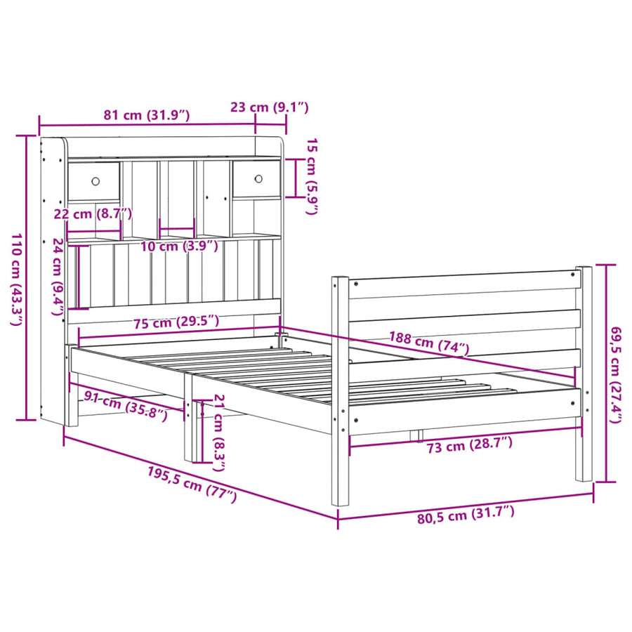 Bed met boekenkast zonder matras grenenhout wasbruin 75x190 cm