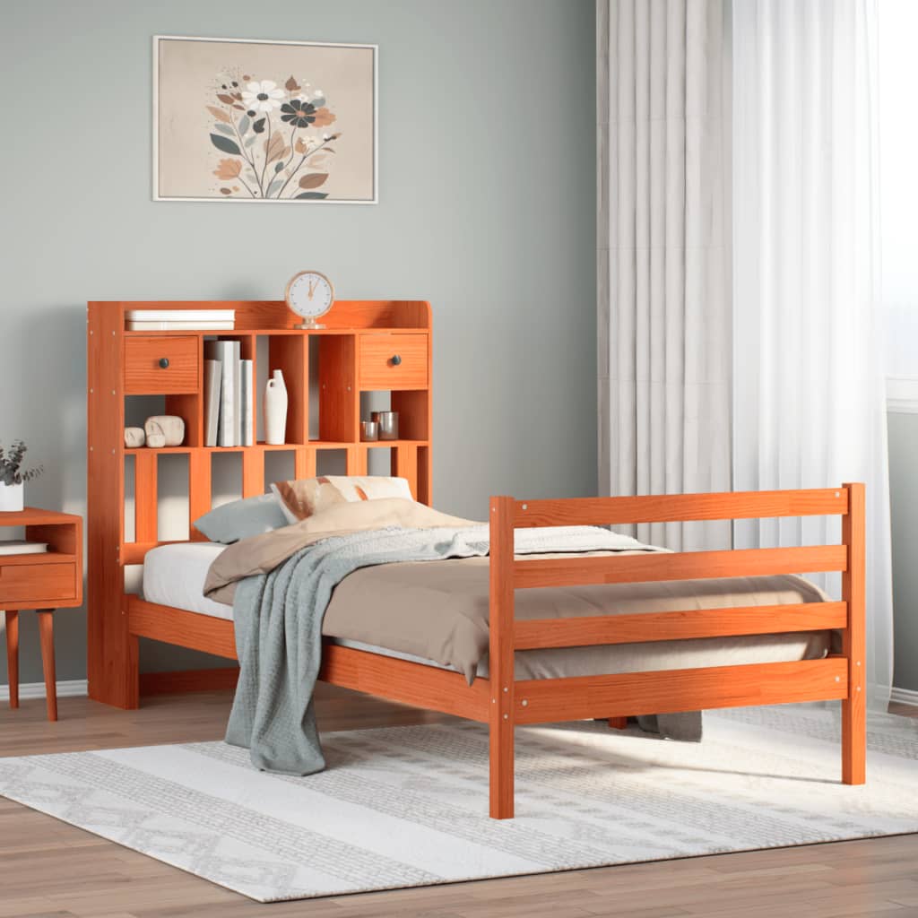 Bed met boekenkast zonder matras grenenhout wasbruin 75x190 cm