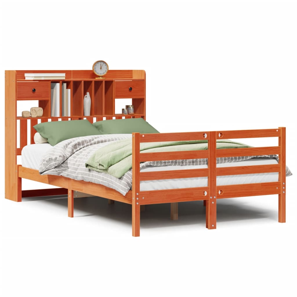 Bed met boekenkast zonder matras grenenhout wasbruin 135x190 cm