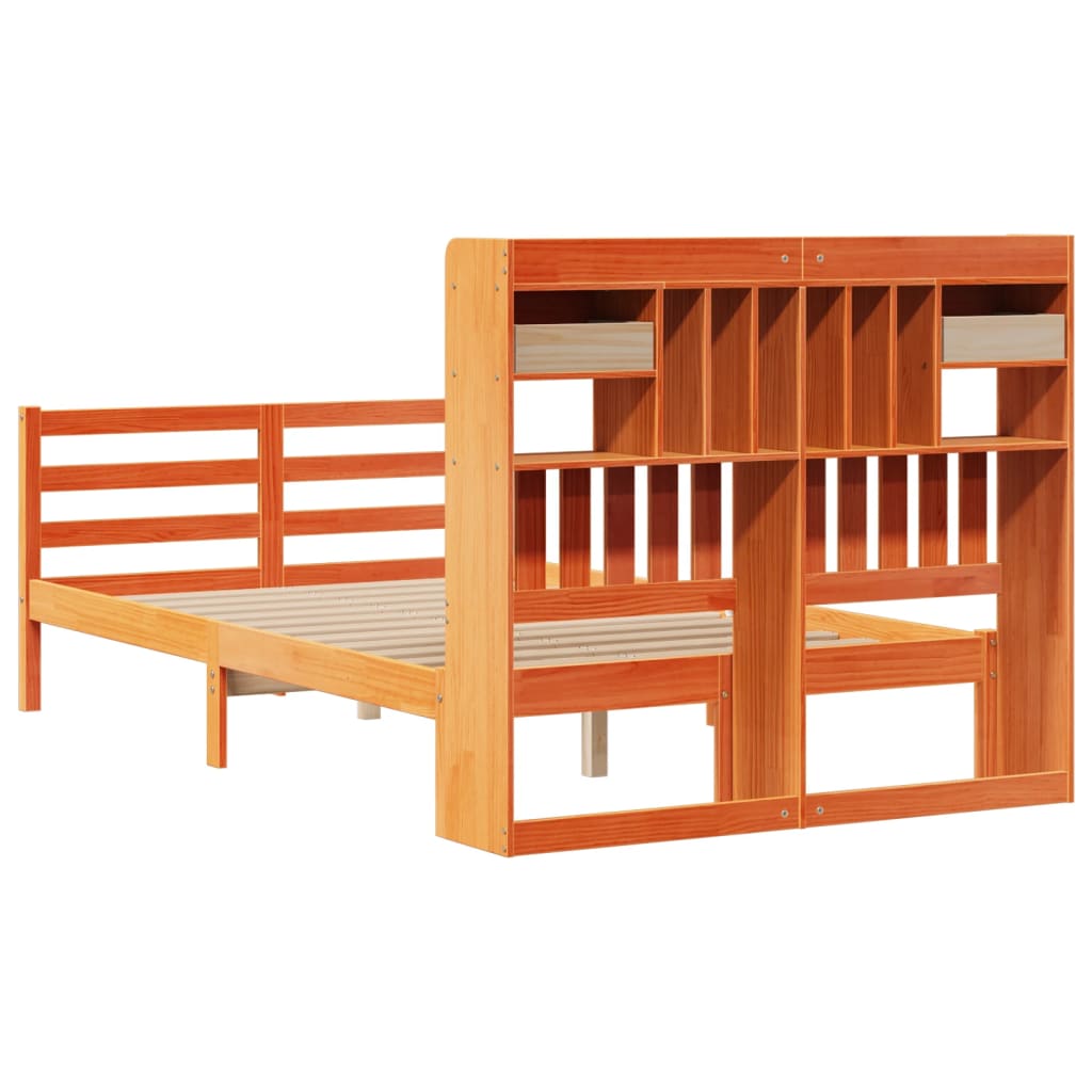 Bed met boekenkast zonder matras grenenhout wasbruin 135x190 cm