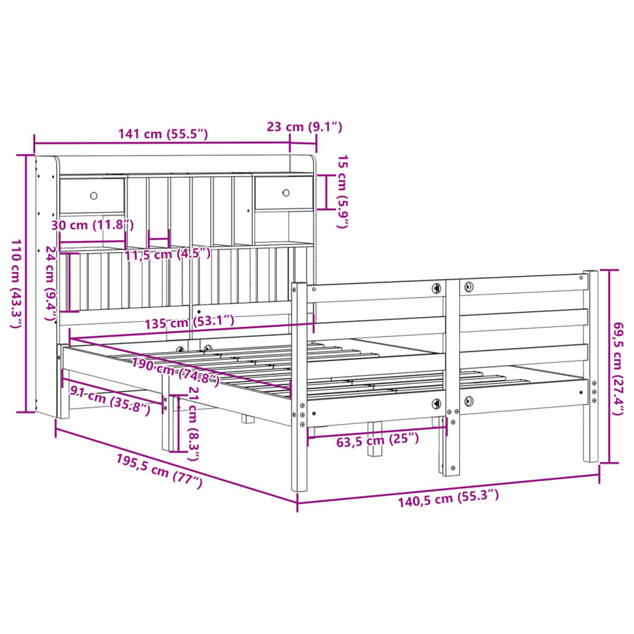 Bed met boekenkast zonder matras grenenhout wasbruin 135x190 cm