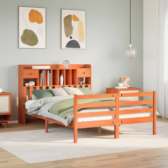 Bed met boekenkast zonder matras grenenhout wasbruin 140x190 cm