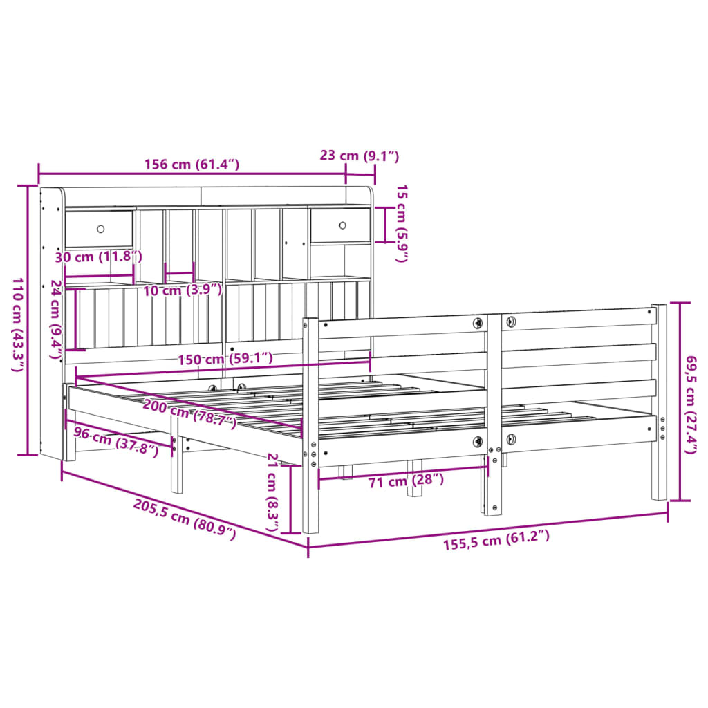 Bed met boekenkast zonder matras grenenhout wasbruin 150x200 cm