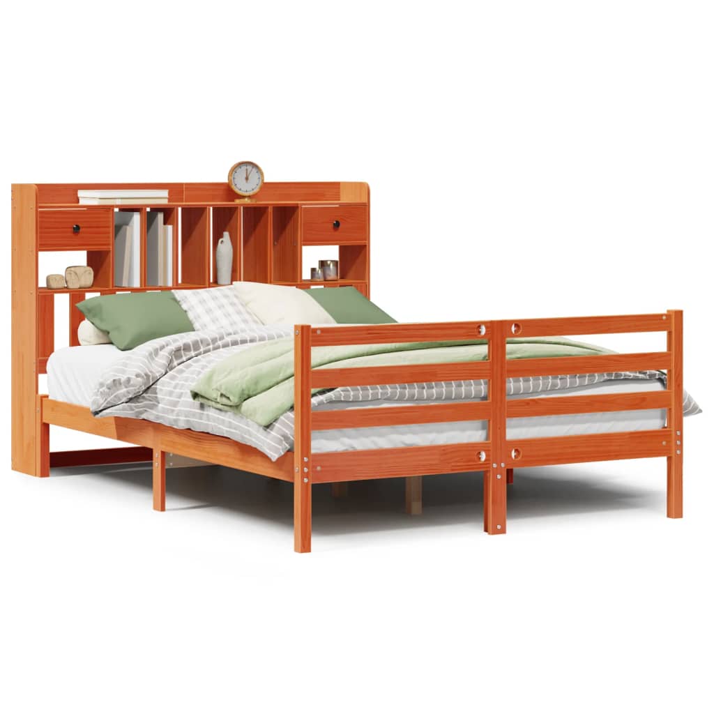 Bed met boekenkast zonder matras grenenhout wasbruin 160x200 cm