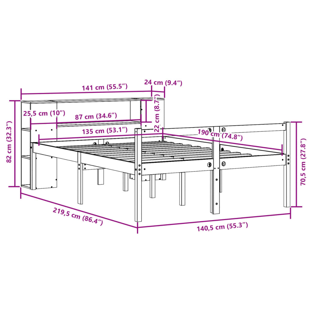 Bed met boekenkast zonder matras massief grenenhout 135x190 cm