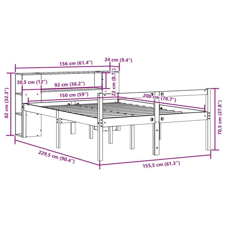 Bed met boekenkast zonder matras grenenhout wit 150x200 cm
