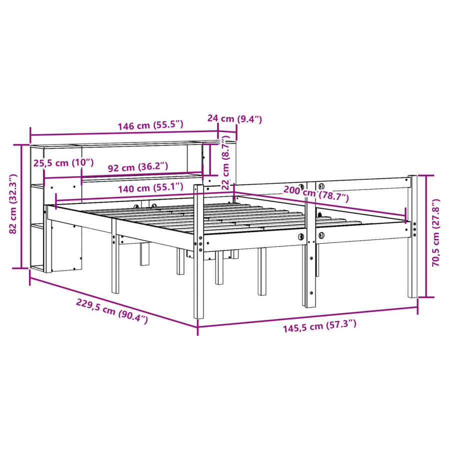 Bed met boekenkast zonder matras hout wasbruin 140x200 cm