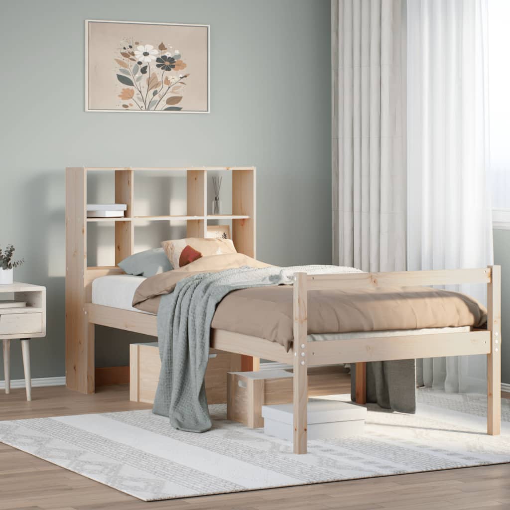 Bed Met Boekenkast Zonder Matras Massief Grenenhout 90 x 200 cm Naturel