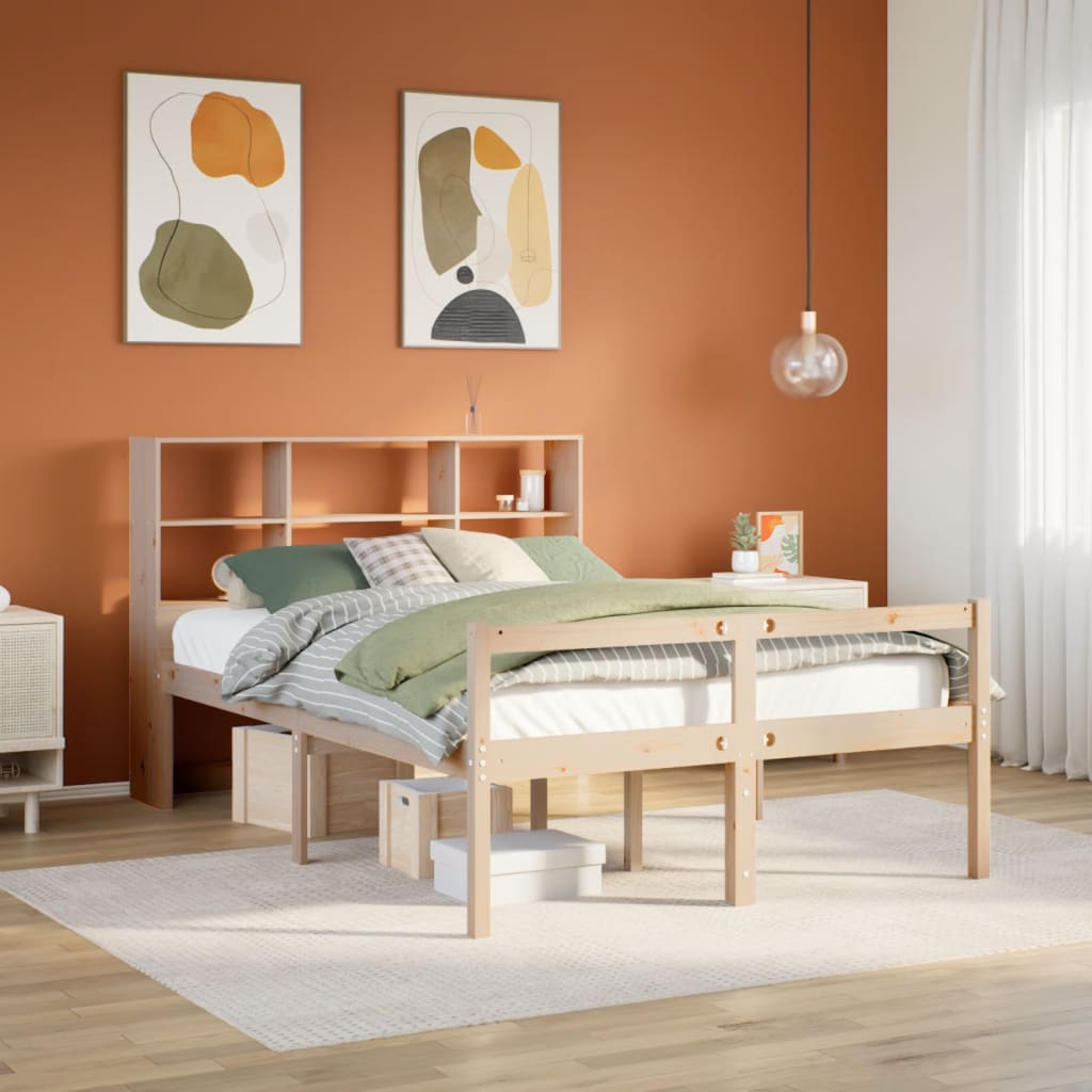Bed Met Boekenkast Zonder Matras Massief Grenenhout 140 x 200 cm Naturel