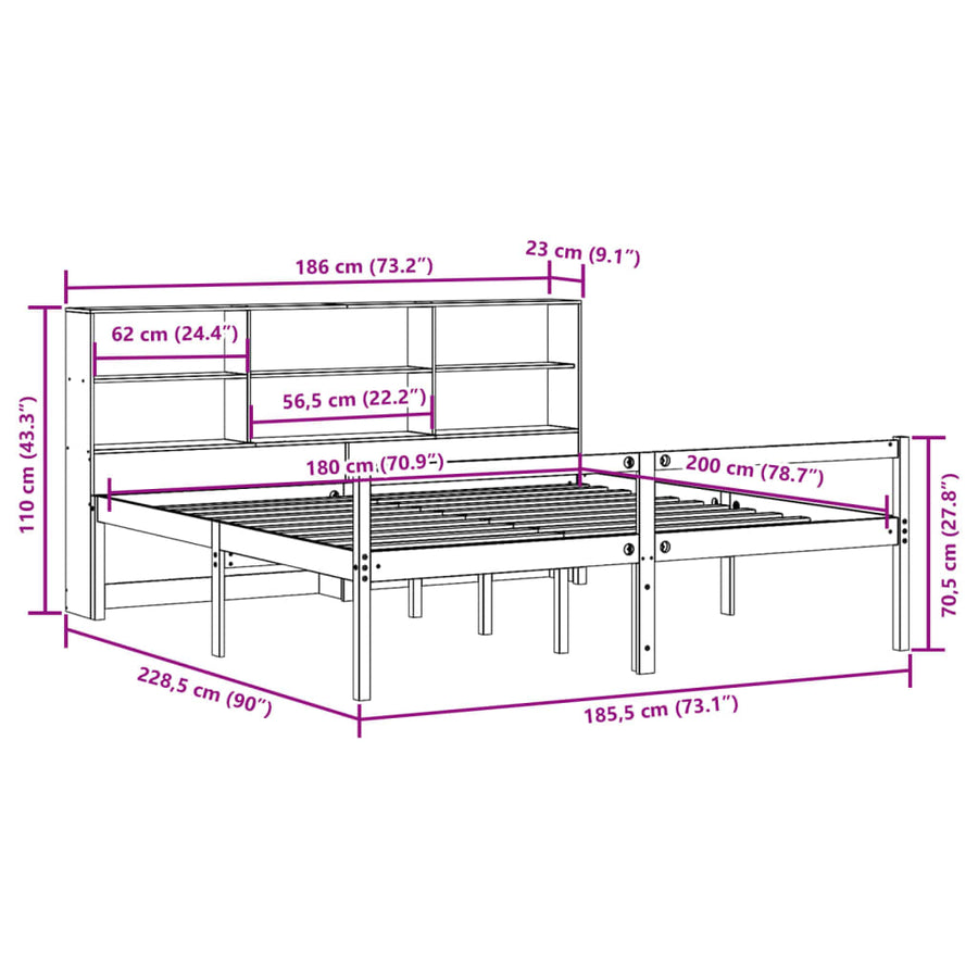 Bed met boekenkast zonder matras grenenhout wit 180x200 cm