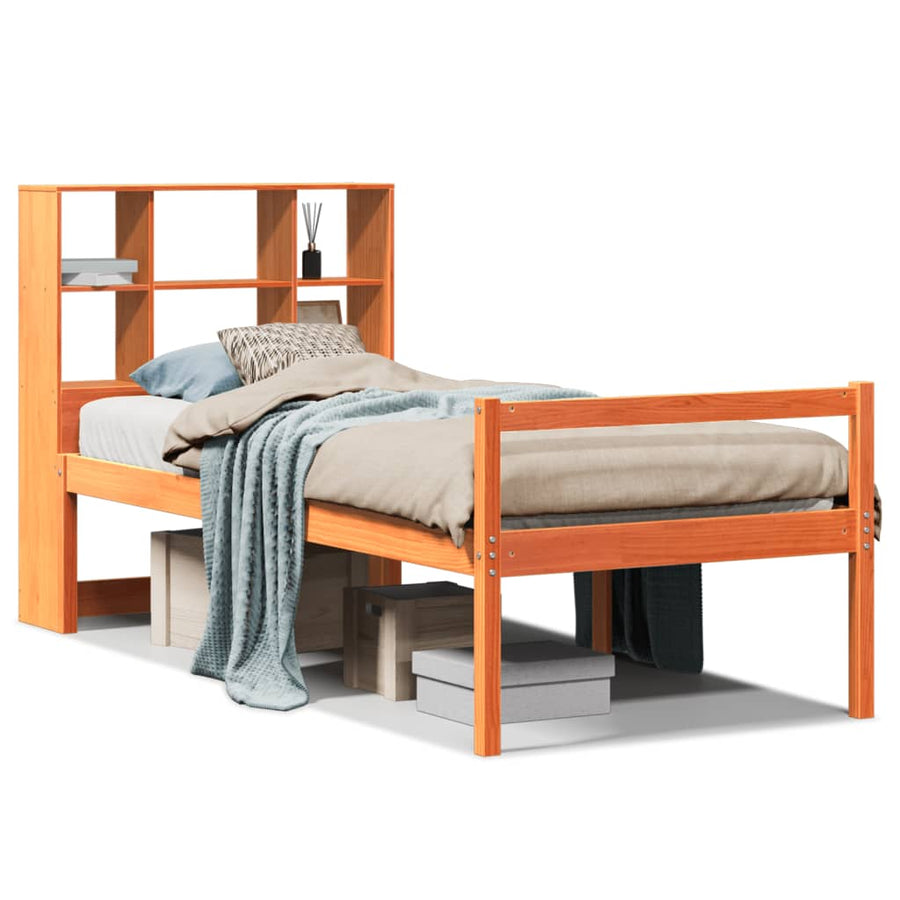 Bed met boekenkast zonder matras massief hout wasbruin 75x190cm