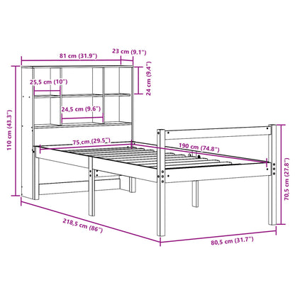 Bed met boekenkast zonder matras massief hout wasbruin 75x190cm