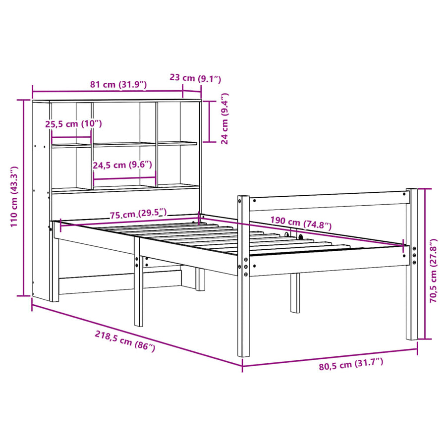 Bed met boekenkast zonder matras massief hout wasbruin 75x190cm